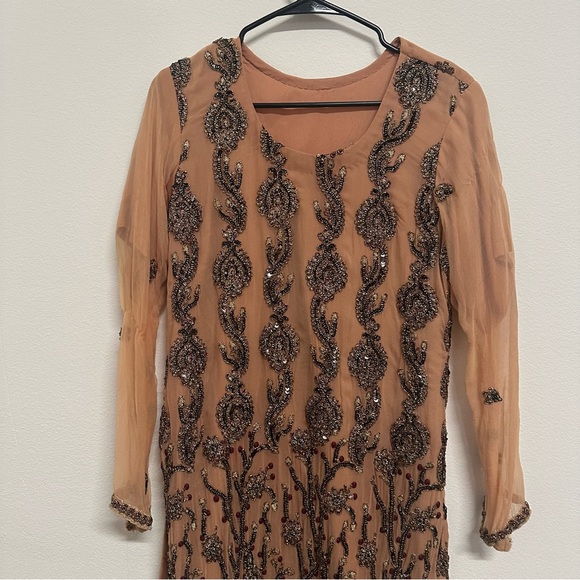 Peach Bronze and Red Embroidered Two-Piece Salwar Kameez | Size Approx. Large - Picture 3 of 12